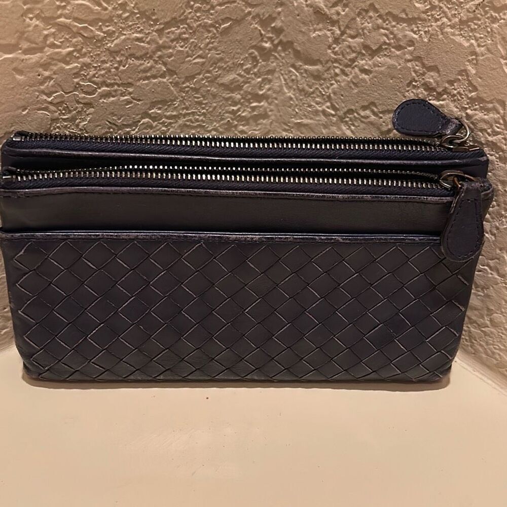 Bottega Veneta Double Zipper Foldover Clutch Wallet Navy Blue Woven Leather